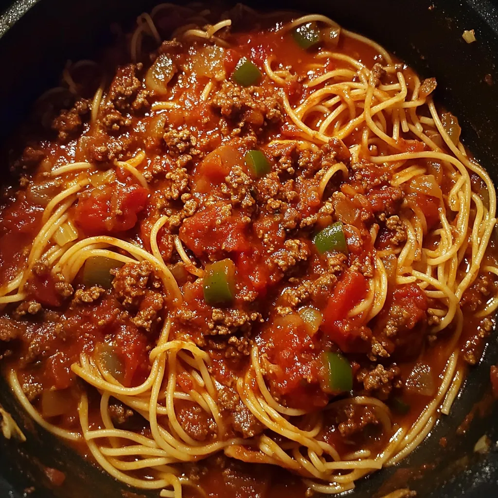 Ein Topf mit Spaghetti und einer Sauce, die aus Rindfleisch, Tomaten, Knoblauch und Paprika besteht.