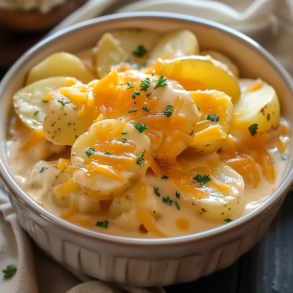 A bowl of food with potatoes and cheese.