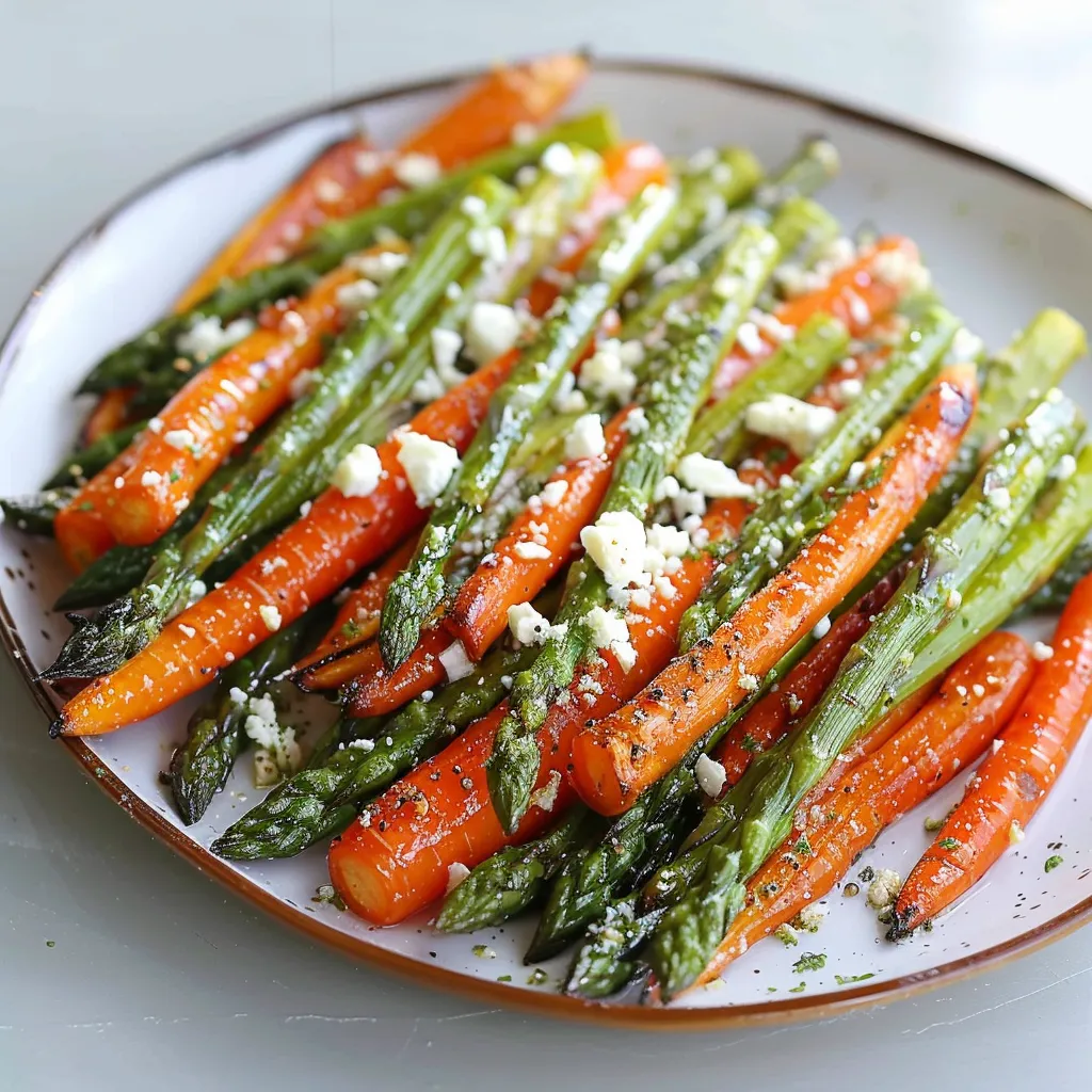 A plate of vegetables including carrots and asparagus.