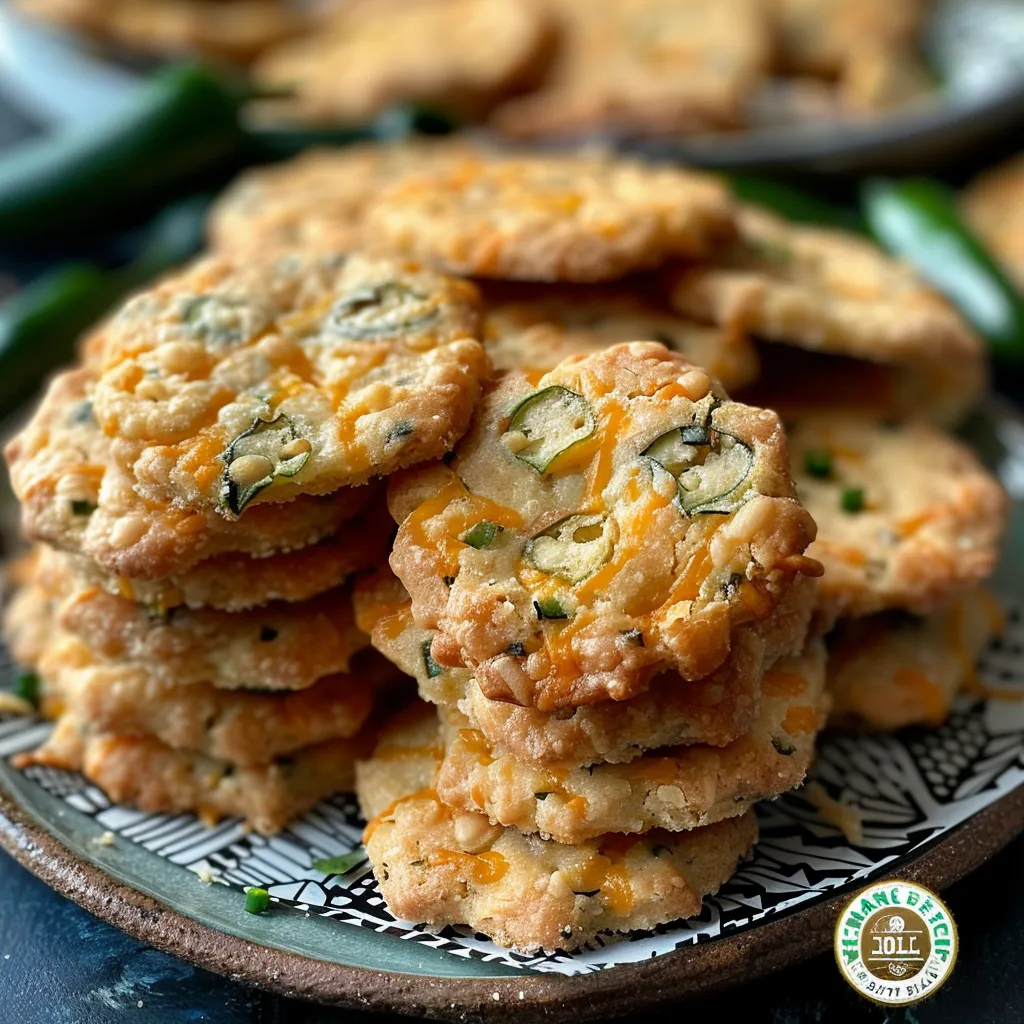A plate of cheese and jalapeno crackers.