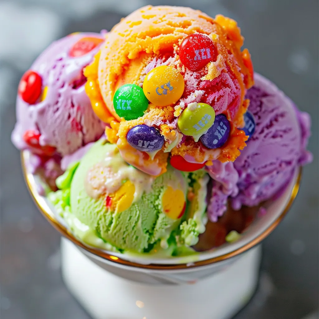 A bowl of ice cream with candy pieces.