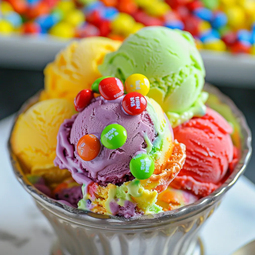 A bowl of ice cream with candy on top.