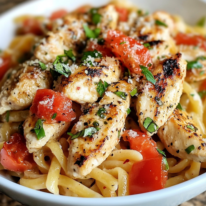 A bowl of chicken and tomatoes.