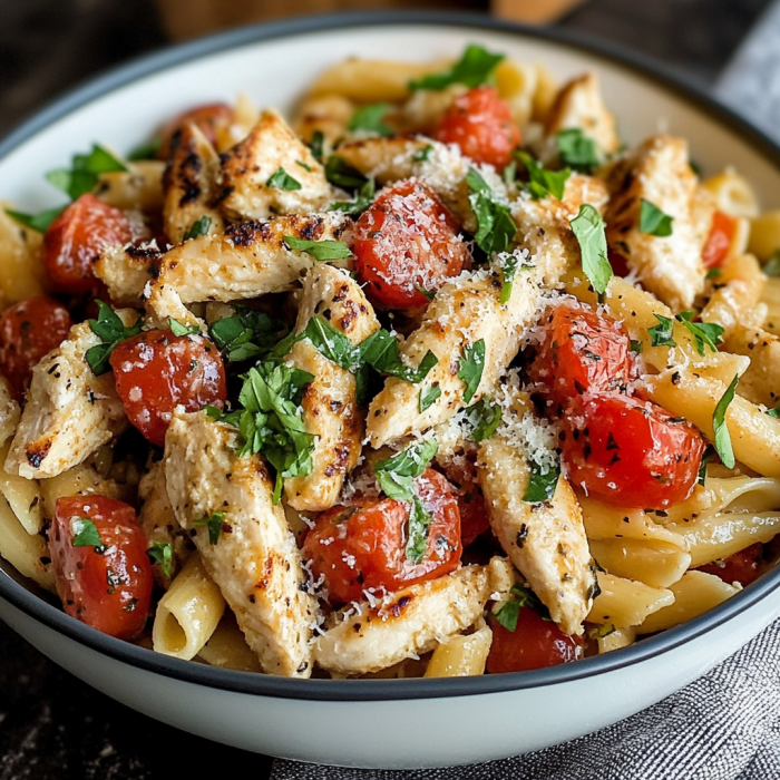 A bowl of pasta with chicken and tomatoes.