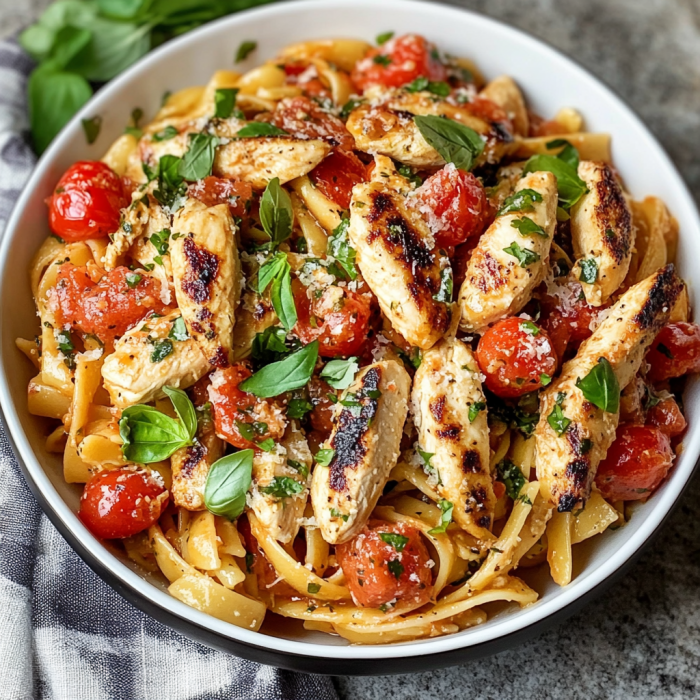 A bowl of chicken and tomatoes.