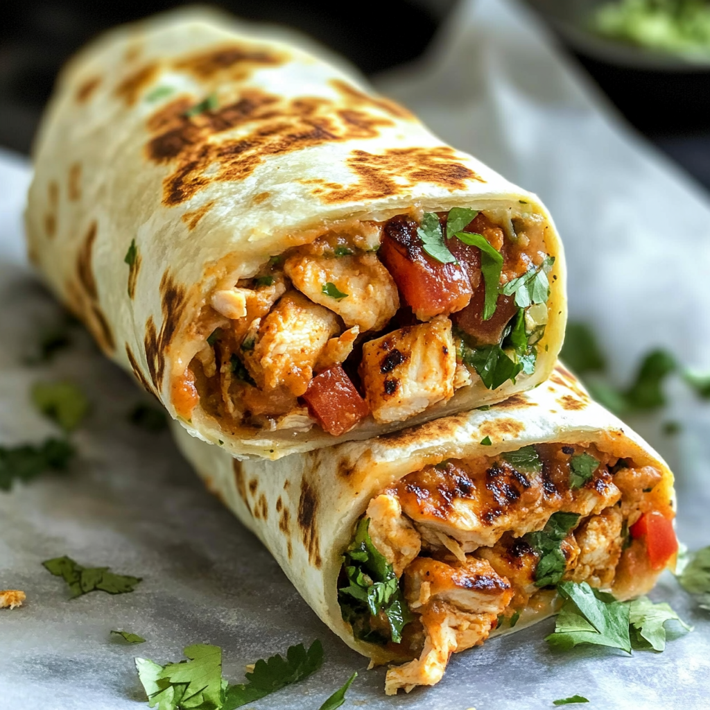 A burrito filled with grilled chicken and tomatoes.