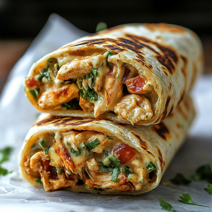 A burrito with chicken and ranch dressing.