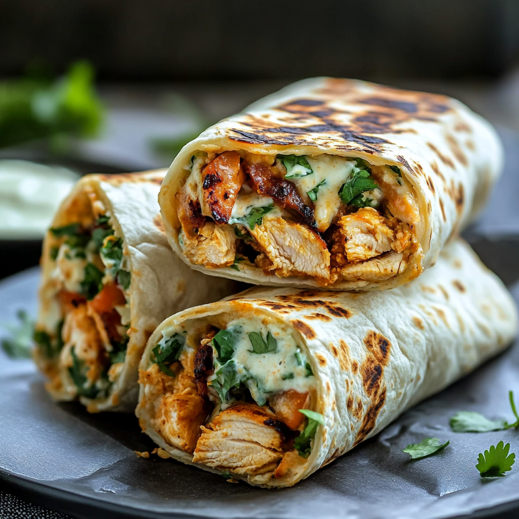 A burrito with chicken and cheese.