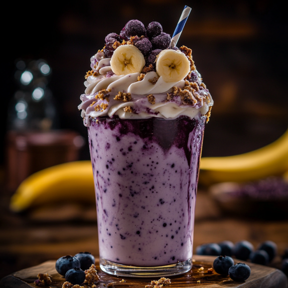 A glass of blueberry whip frappuccino with bananas.