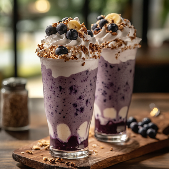 Two glasses of blueberry whip frappuccinos.