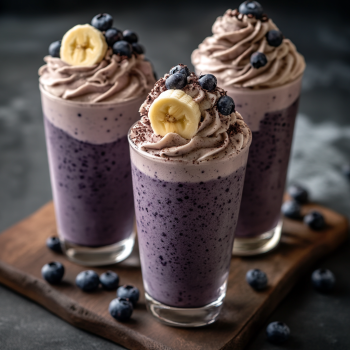 Three glasses of blueberry whip frappuccinos.
