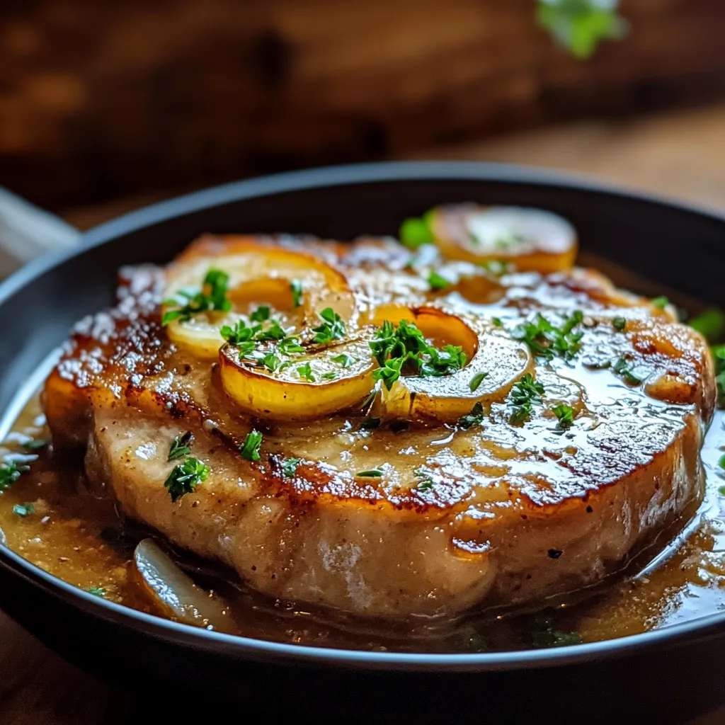 A plate of meat with onions and herbs.