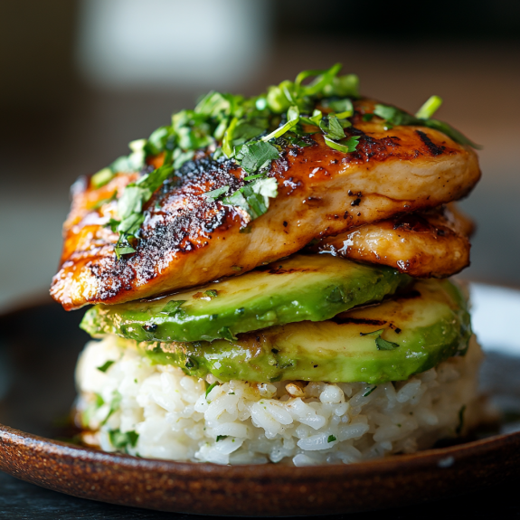 A plate of food with rice, chicken, and avocado.