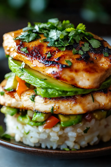 A stack of chicken, rice, and avocado.