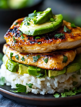 A stack of chicken, rice, and avocado.
