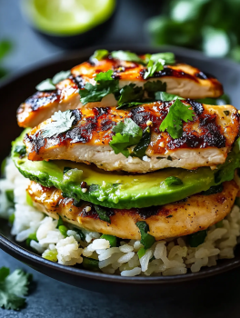 A stack of chicken and avocado on rice.
