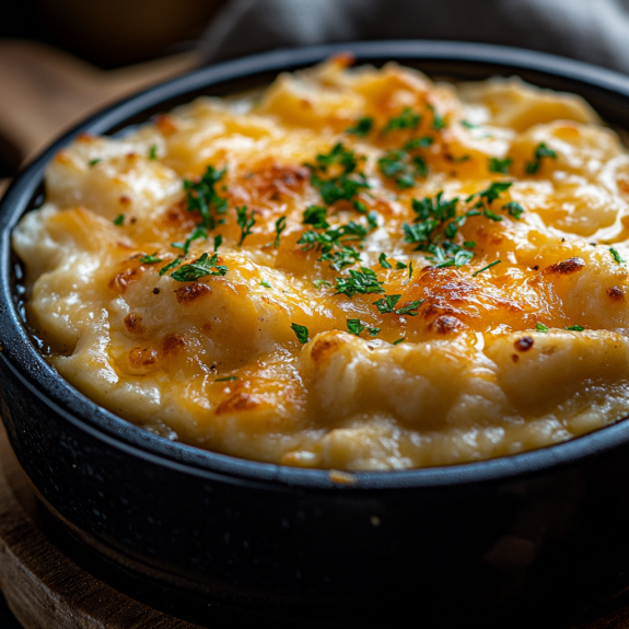 A close up of a crockpot full of cheesy potatoes.