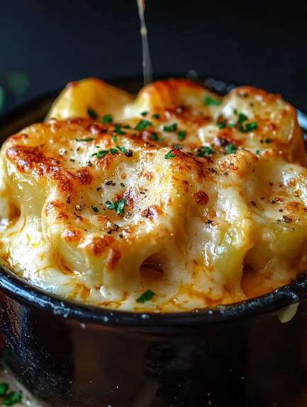 A close up of a crockpot filled with cheesy potatoes.