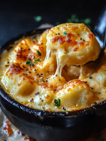 A close up of a crockpot filled with cheesy potatoes.