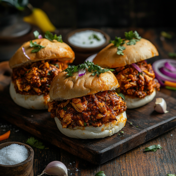 Two Cajun Chicken Sloppy Joes sandwiches on a wooden cutting board.