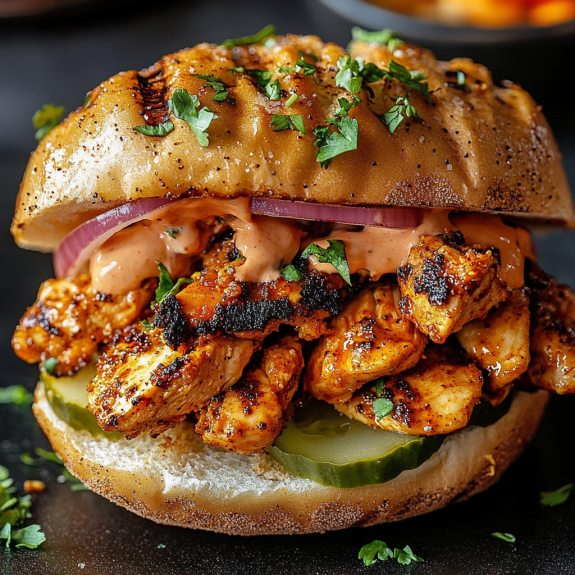 A Cajun Chicken Sloppy Joes sandwich with a pickle on top.