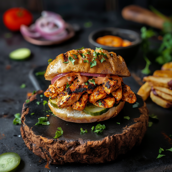 A Cajun Chicken Sloppy Joes sandwich with a pickle on top.