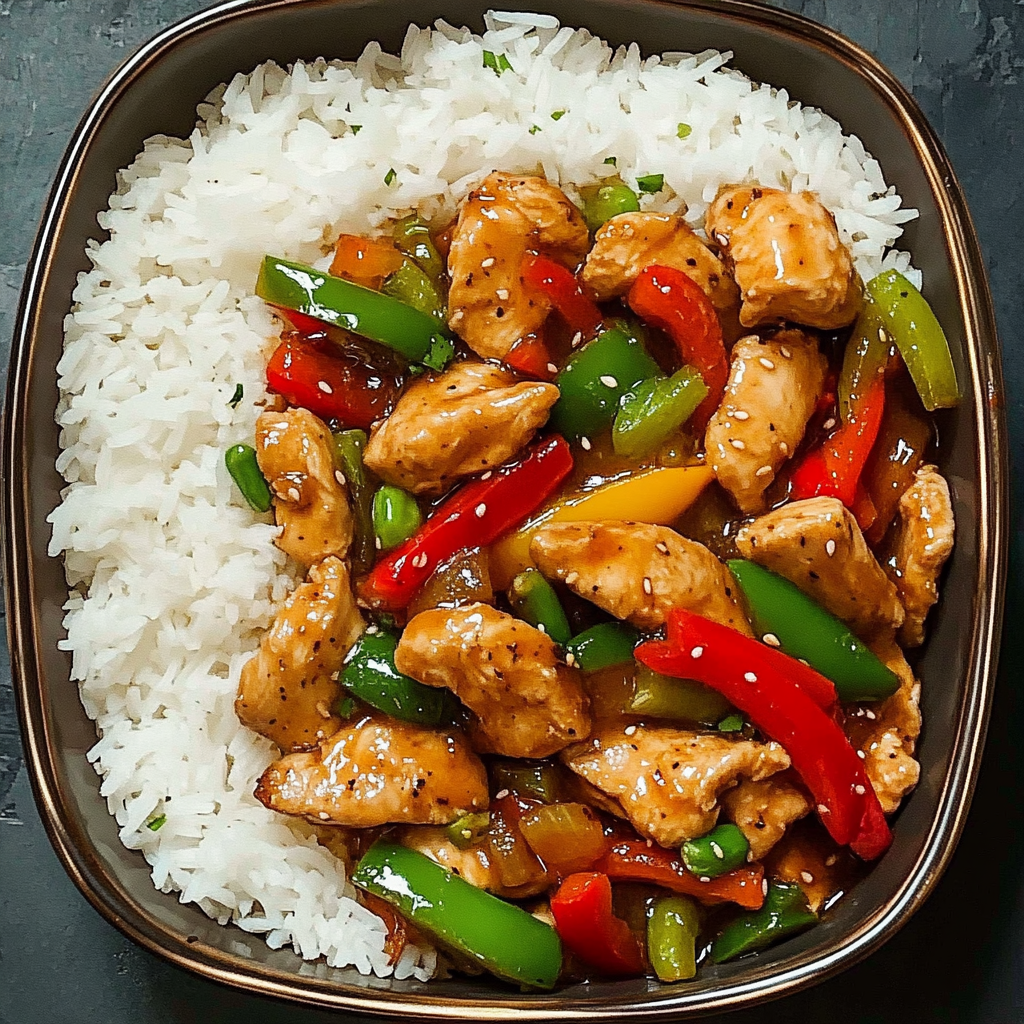 A plate of sizzling garlic chicken stir fry with peppers and steamed rice.