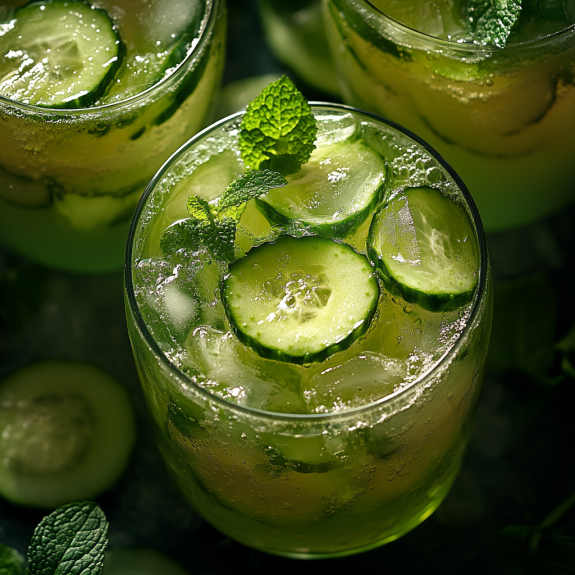 A glass of green punch with cucumber slices.