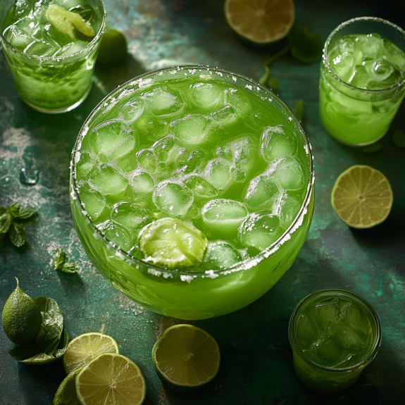 A green punch recipe with limes and ice.