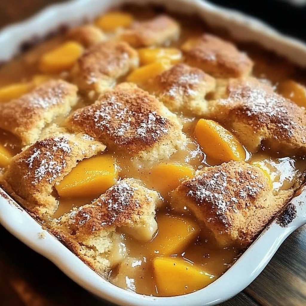 A close up of a delicious peach cobbler.