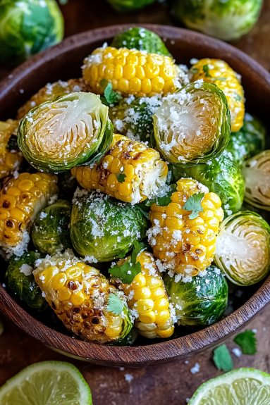 A bowl of Mexican street corn and Brussels sprouts.