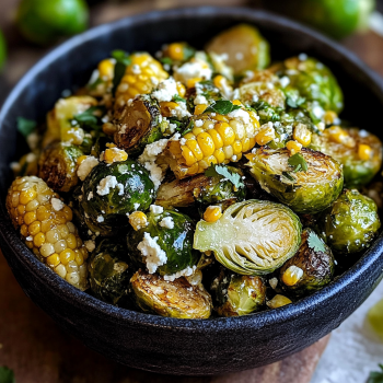 A bowl of Mexican street corn brussels sprouts.