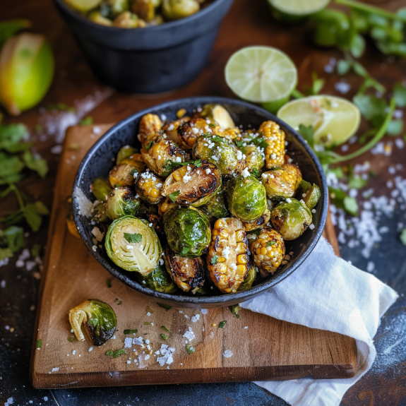 A bowl of Mexican street corn brussels sprouts.