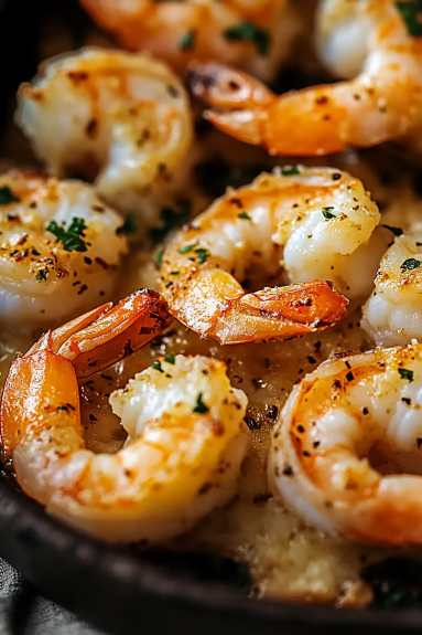 A dish of garlic Parmesan baked shrimp.