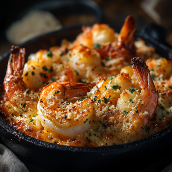 A bowl of garlic Parmesan baked shrimp.