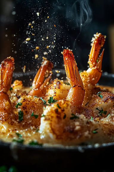 A plate of garlic Parmesan baked shrimp.