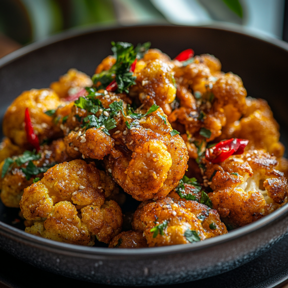 A bowl of crispy cauliflower with golden edges.