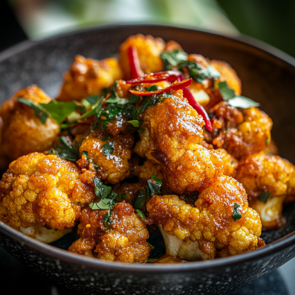 A bowl of cauliflower with golden edges.