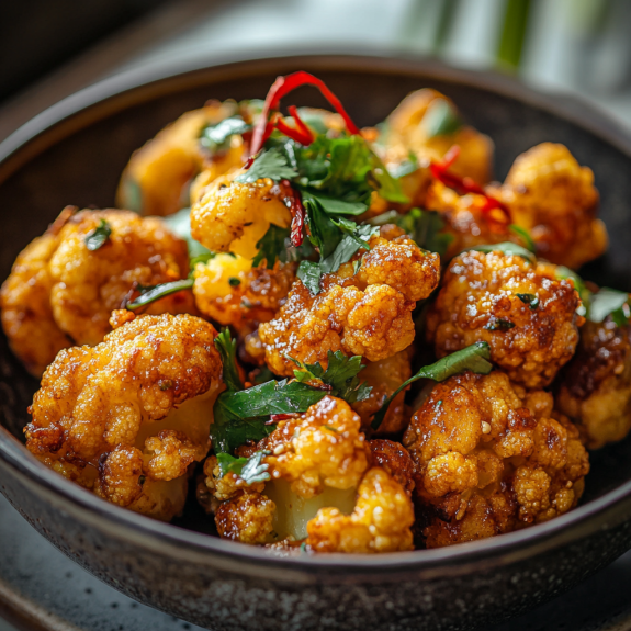 A bowl of cauliflower with golden edges.