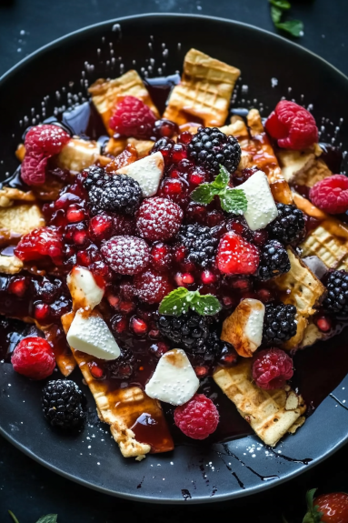 A plate of berry dessert nachos.