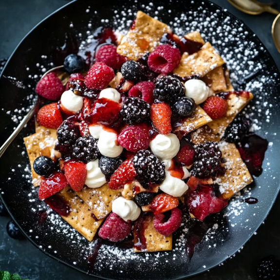 A plate of berry dessert nachos.