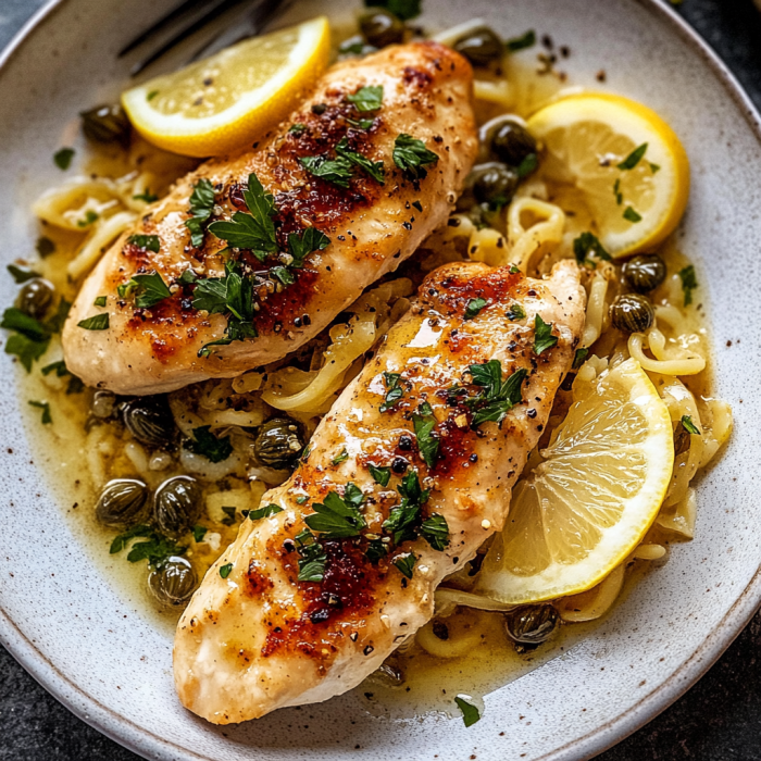 A plate of chicken piccata with lemon and capers.