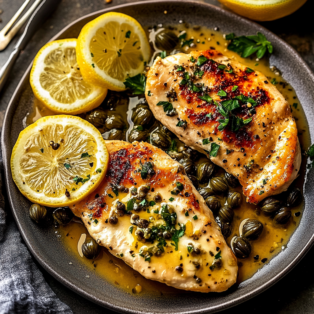 A plate of chicken piccata with lemon and capers.
