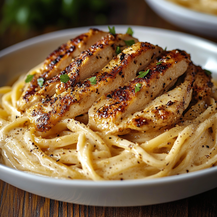A plate of chicken and pasta.