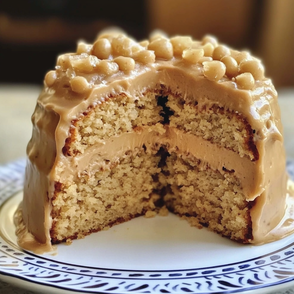 A slice of peanut butter cake with peanut butter on top.