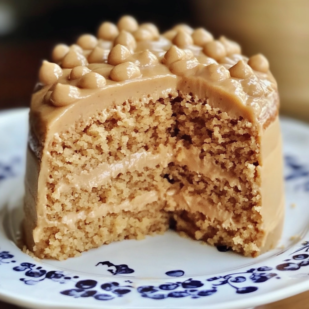 A slice of peanut butter cake with peanut butter on top.