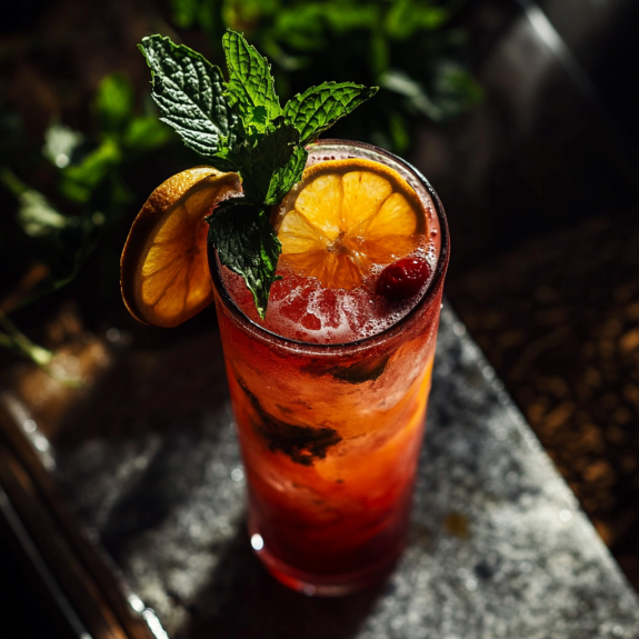 A glass of Planters Punch with a lemon wedge.