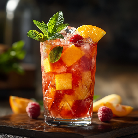 A glass of Planters Punch with fruit and mint.