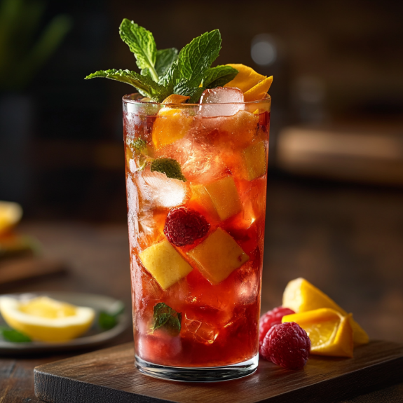 A glass of Planters Punch with fruit and mint.