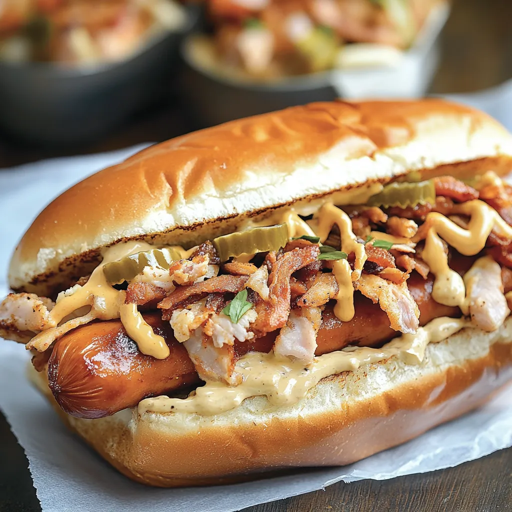 A hot dog with bacon, onions, and sauce.